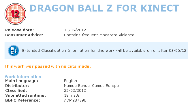 DBZ Kinect : la BBFC confirme